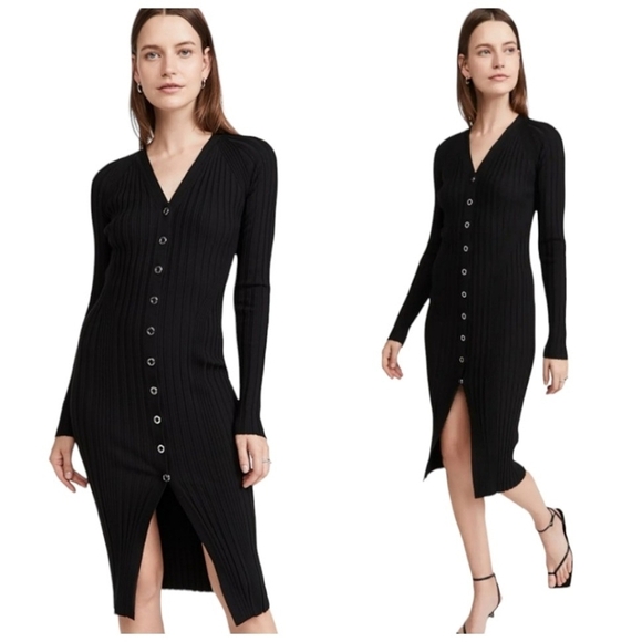 Dion Lee Wool Cardigan Dress Black Ribbed Knit Size 8 Polished Snap Placket